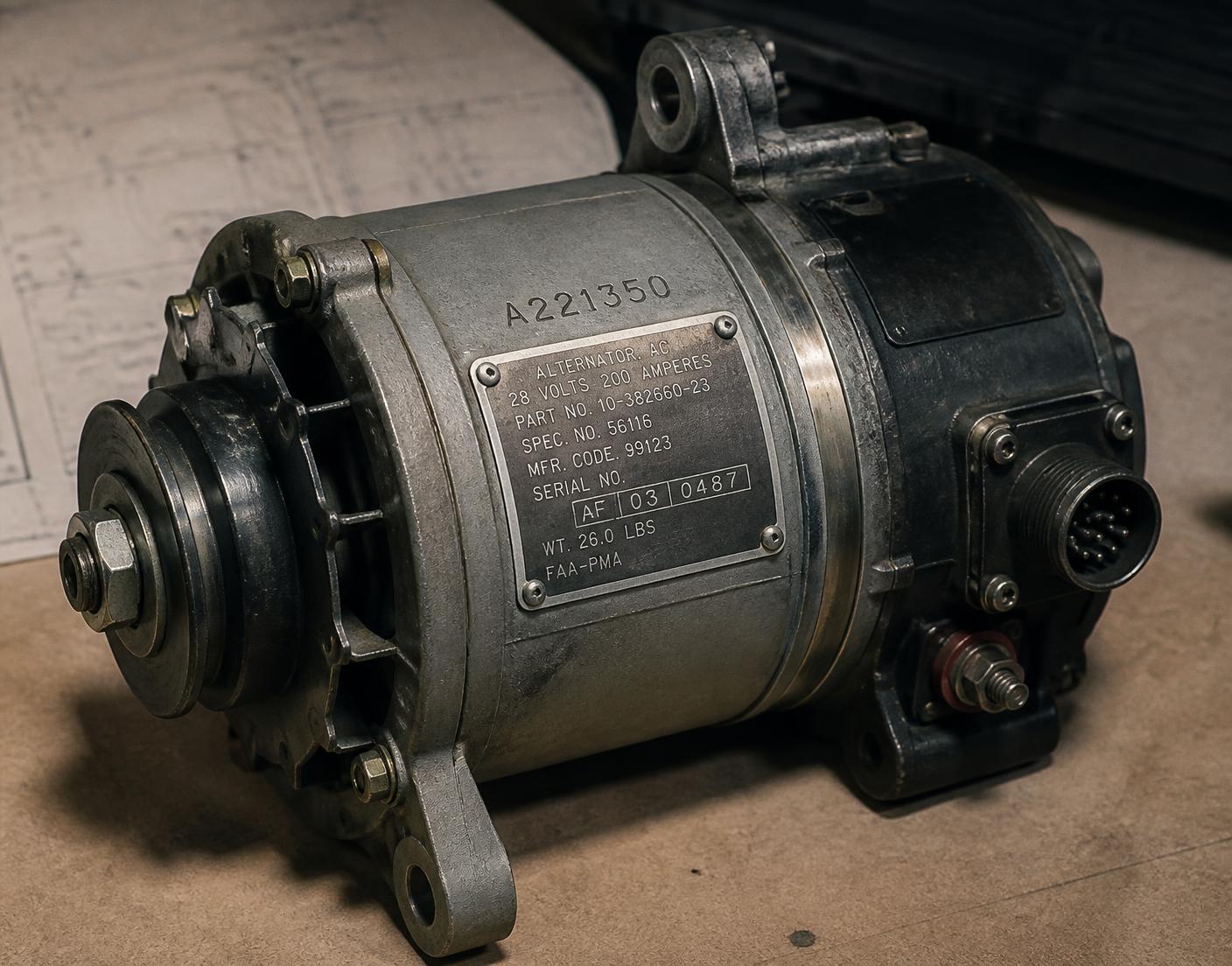 Alternador aeronáutico con placa de identificación y número de parte visible