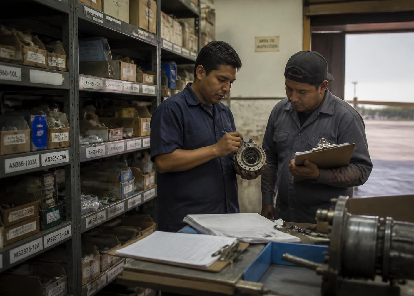 Técnicos revisando un componente aeronáutico en área de inspección